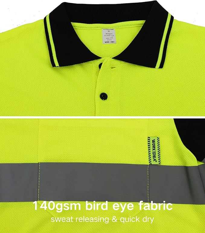 WORK IDEA Polo Shirt for Men High Visibility Reflective Work Shirt with Pockets for Construction