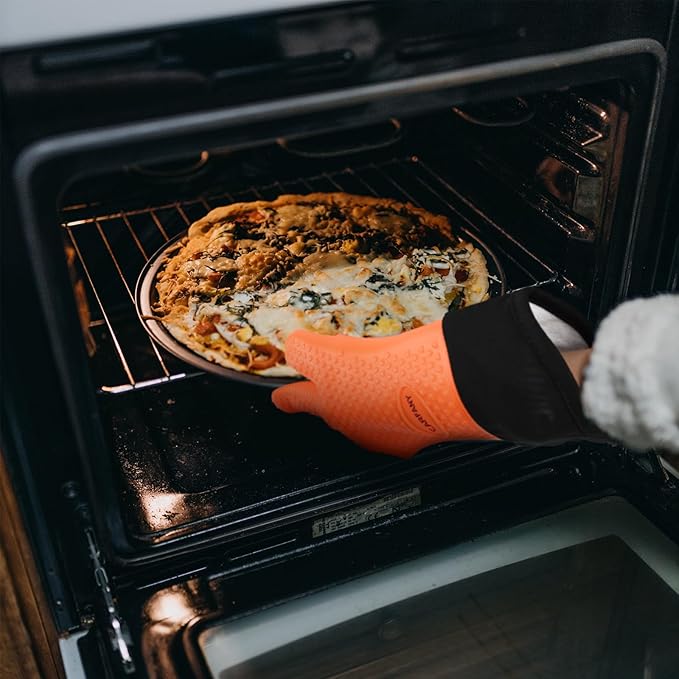 Heat Resistant Grilling Gloves for BBQ Silicone and Cotton Double-Layer Oven Mitts Waterproof Non-Slip Cooking Gloves (Orange)