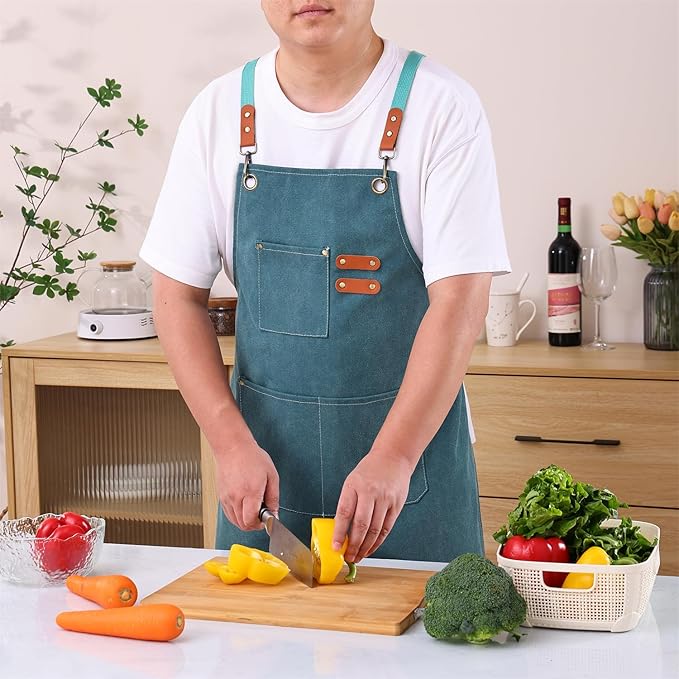Chef Apron Medium-Thick Cotton Canvas,Cross Back with Multiple Pockets Adjustable Work Apron for Men and Women (Darkgreen)