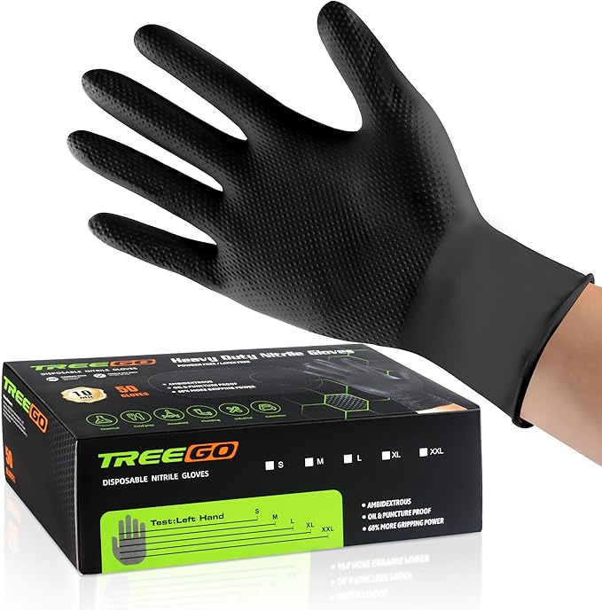 TREEGO Black Nitrile Gloves 10 Mil Heavy Duty Disposable Latex Free – Diamond Grip for Industrial, Construction, Mechanic