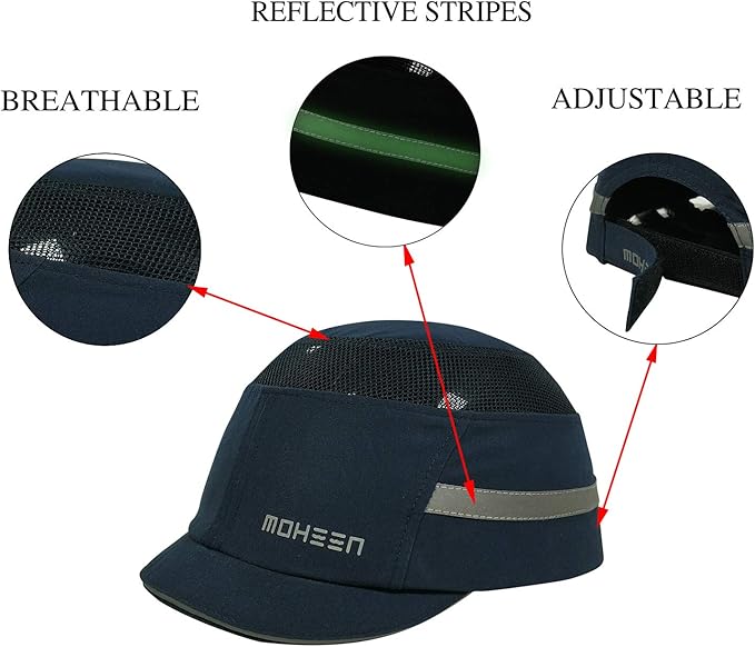Lightweight Safety Bump Cap - Breathable Baseball Style Protective Hat with Reflective Stripes