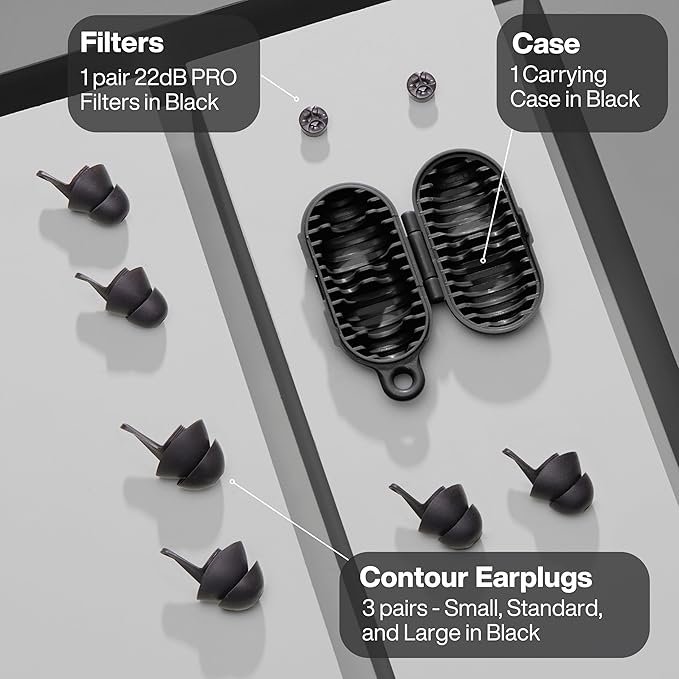 EarPeace Everyday Ear Plugs for Noise Reduction & Noise Control – High-Fidelity Earplugs, Comfortable & Reusable Earplugs for Travel, Sleep, Work, Snoring Blocking, Includes Carrying Case – Black