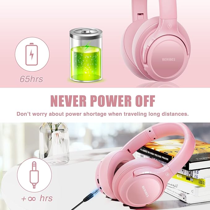 BERIBES Bluetooth Headphones Over Ear, 65H Playtime and 6 EQ Music Modes Wireless with Microphone, HiFi Stereo Foldable Lightweight Headset (Pink)
