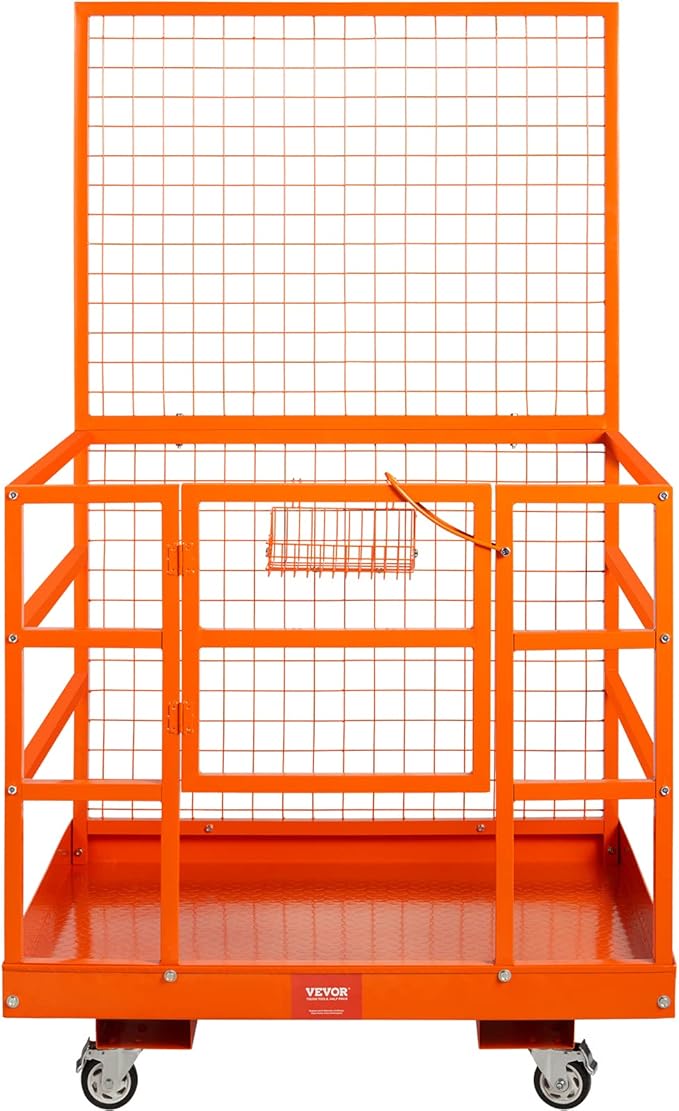 VEVOR Forklift Safety Cage, Forklift Man Basket 1400lbs Capacity, 43"x45" Work Platform with Safety Harness & Lock, Drain Hole & Wheels & Tool Basket, Perfect for Aerial Work