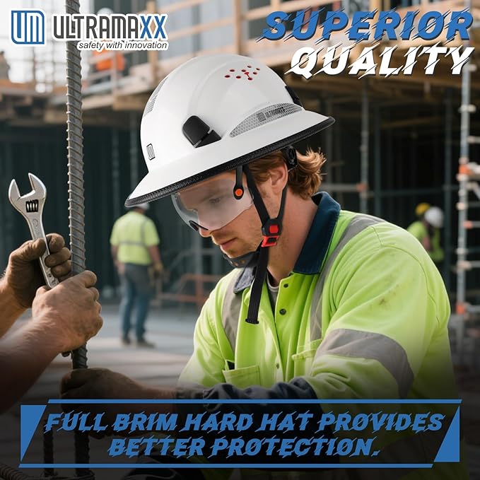 Full Brim Hard Hat with Built-in Visor, ANSI Z89.1 OSHA Approved Construction Safety Helmet with Chin Strap for Men Women