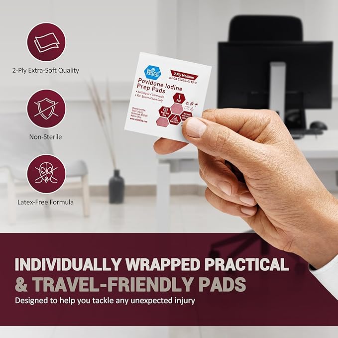 MED PRIDE Individually Wrapped Iodine Wipes, 10% Povidone Iodine Prep Pads, Alcohol-Free Antiseptic for Wounds (100 Count)