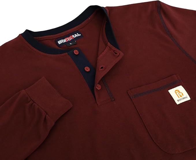 BOCOMAL FR Shirts for Men CAT2 5.5oz Long Sleeve Henley Workwear Flame Resistant Fire Retardant Shirt