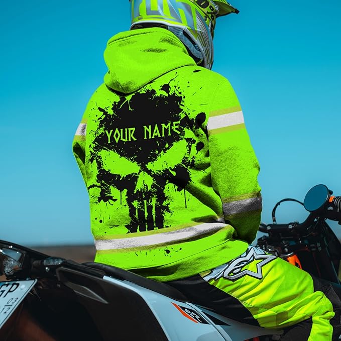 Matedecor Skull High Visibility Shirt Men Reflective Safety Shirts US Flag Custom Name Workwear, Runners, Walkers, Patriotic