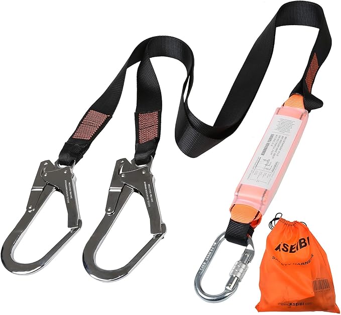 KSEIBI 422006 Single Leg Snap Hook and Two Scaffolding Hook w 6-Foot Internal Shock Lanyard Fall Protection Equipment for Safety Harness