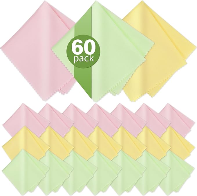 60-Pack Microfiber Cleaning Cloths for Glasses, 6x7 Inch Premium Lens Cleaning Cloth for Screens, Cameras, Eyeglasses, Cell Phone, LCD TV Screens,Pink,Green,Yellow