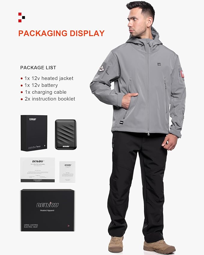 DEWBU Heated Jacket for Men with 12V Battery Pack Winter Outdoor Soft Shell Electric Heating Coat