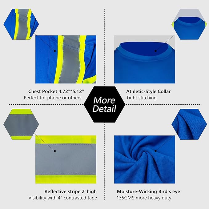 VENDACE Men's High Vis Safety Work T Shirt ANSI Class 2 Reflective Long Sleeve Shirt with Pocket(Royal Blue,3XL)