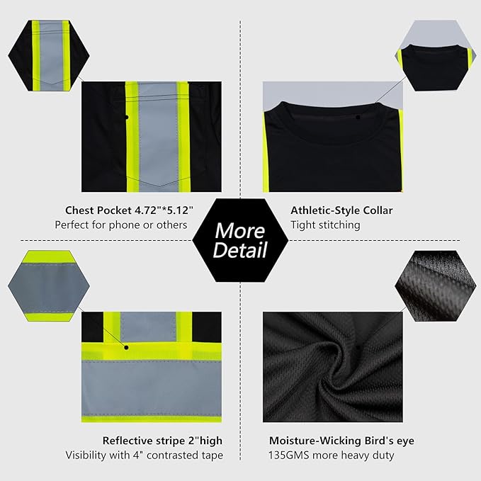 VENDACE Men's High Vis Safety Work T Shirt ANSI Class 1 Reflective Long Sleeve Shirt with Pocket(Black,L)