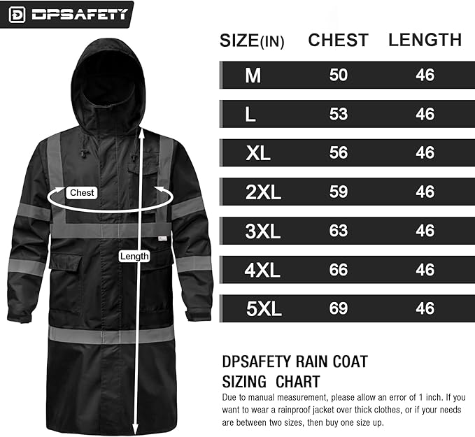 Hi Vis Rain Jacket with 3M Reflective Stripe,High Visibility Class 3 Rain coats,Safety Waterproof Rain Suits for Men with Hood and 2 Large Pockets construction work rain gear(Black S)