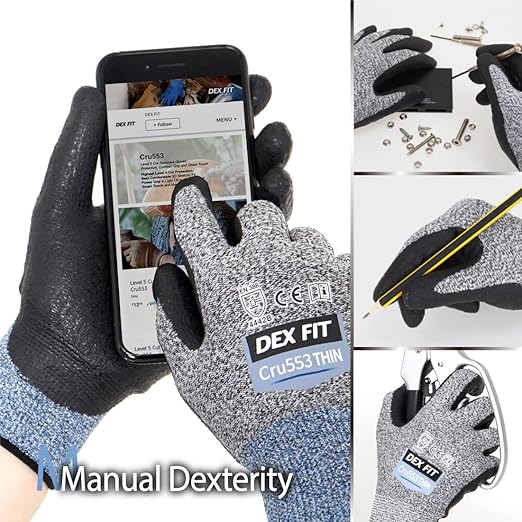 DEX FIT A5 Precision Cut Resistant Gloves Cru553 Thin - 1 Pair, Firm Grip, 3D-Comfort Fit, Lightweight & Durable, Nitrile Anti-Slip Palms,Touchscreen Compatible for Precision Assembly; Grey M (8)
