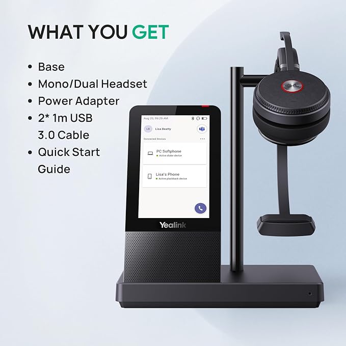 Yealink WH66 Wireless Headset with 4" Screen, DECT & Bluetooth Headset for Teams, Zoom Skype Certified, 525ft Range,Speaker, 13h Call Time, Office Work Headphone for Desk Phone, PC, Cellphone