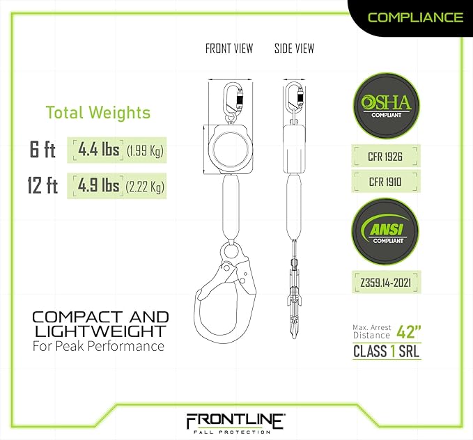 Frontline RPA062R 6' Aramid Web Twin Leg SRL with Steel Rebar Hooks | 310 lbs Capacity | Lightweight & Durable | Aramid Fiber Webbing Retractable | ANSI & OSHA Compliant | ISO Lab Tested