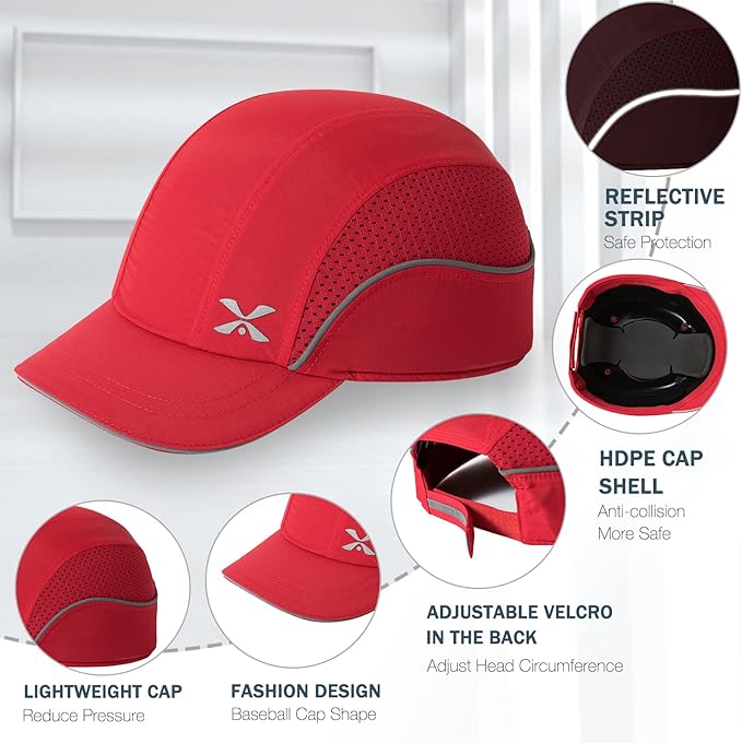 Lightweight Safety Bump Cap - Breathable Baseball Style Protective Hat with Reflective Stripes