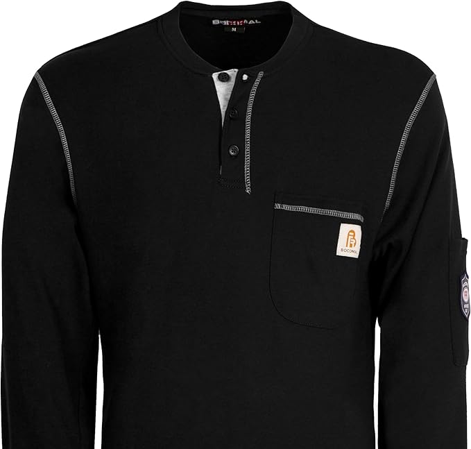 BOCOMAL FR Shirts Flame Resistant Henley Shirt NFPA2112/CAT2 7oz Men's Long Sleeve Fire Retardant Clothing
