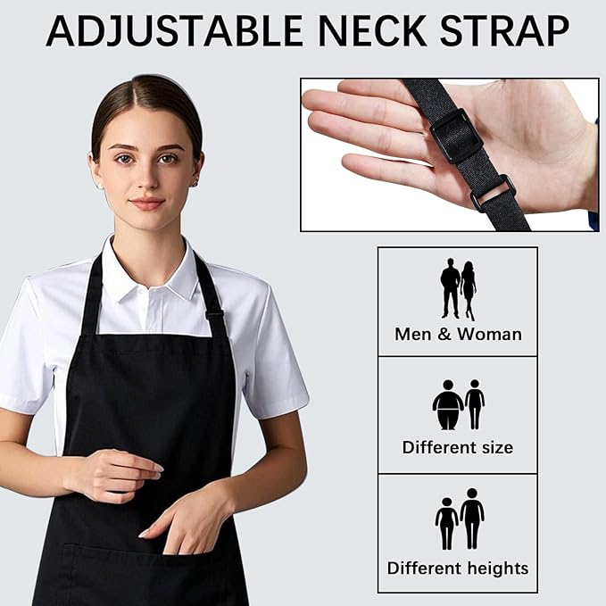 Bib Apron - Unisex Black Aprons 6 Pockets Cooking Kitchen Apron for Chef,BBQ Drawing aprons black (6 PCS)