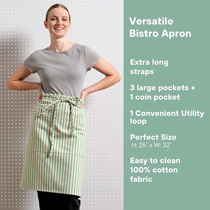 MEEMA Bistro Half Apron for Men & Women | Half Aprons for Women With Pockets | Delantales Para Meseros | Waitress Aprons | Server Apron with Pocket