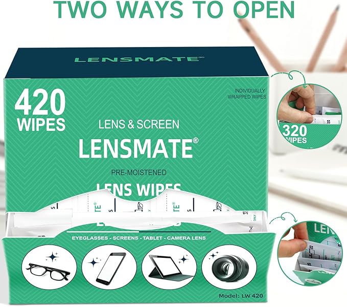 Lensmate 420 Count Lens Wipes for Eyeglasses, Pre-Moistened & Individually Wrapped Eyeglass Wipes, Lens Cleaning Wipes for Eyeglasses, Sunglasses, Goggles and Camera Lens