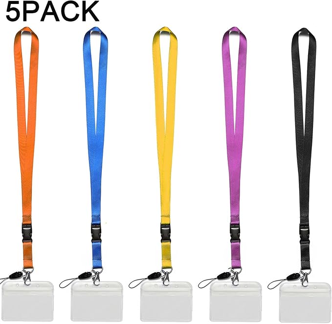 YOUOWO 5Pack Neck Lanyards with Horizontal ID Badge For Office Cruise Badges Holder,Black Blue Yellow Orange Purple
