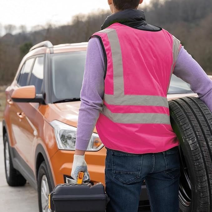 XPCARE 2-Pack Hi Vis Reflective Safety Vest with Pockets,High Reflective Strips Zipper Work Vest for Men and Women,Pink(Medium)