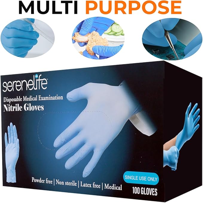 Serenelife 100 count Medium Gloves Nitrile Disposable Latex & Powder Free - Great for Kitchens, Food Handling & Cleaning Supplies - Soft & Comfortable fit - Vinyl & Nitrile blend - Medium -100 Pack