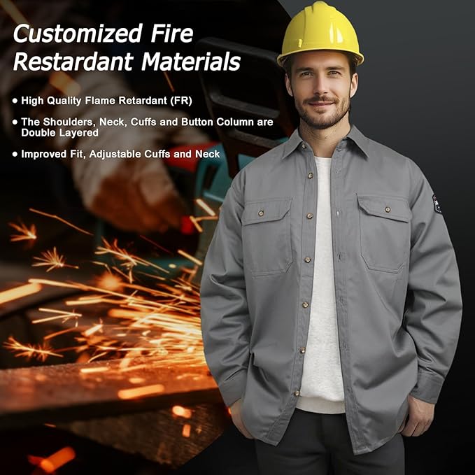 7.5oz FR Shirt, 100% C Flame Resistant Work Shirt with Reinforced Sewing, Men's Fire Retardant Shirt, Durable Welding Accessories, Meets NFPA2112, Grey-ZRND M