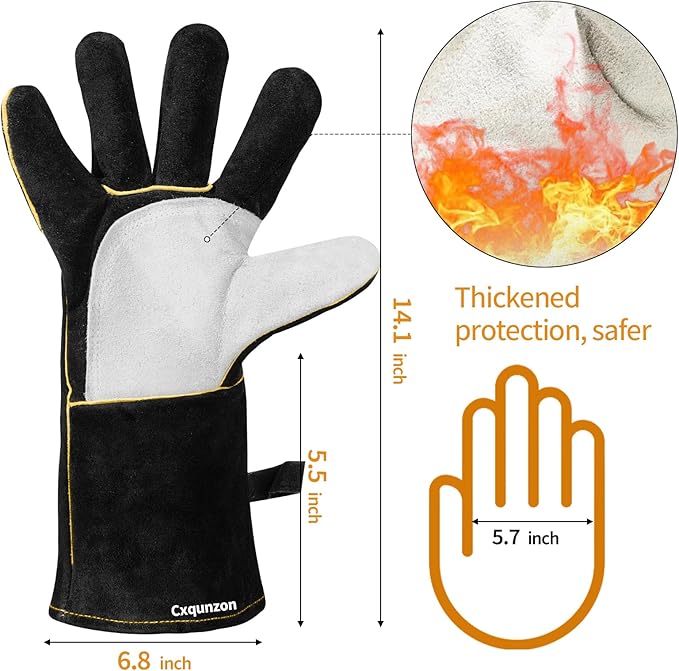 Leather MIG Welding Gloves with Reinforced Palm, Kevlar Stitching, Heat Fire Resistant for Welding/Grilling/BBQ