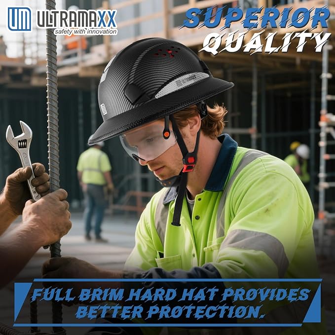 Full Brim Hard Hat with Built-in Visor, ANSI Z89.1 OSHA Approved Construction Safety Helmet with Chin Strap for Men Women