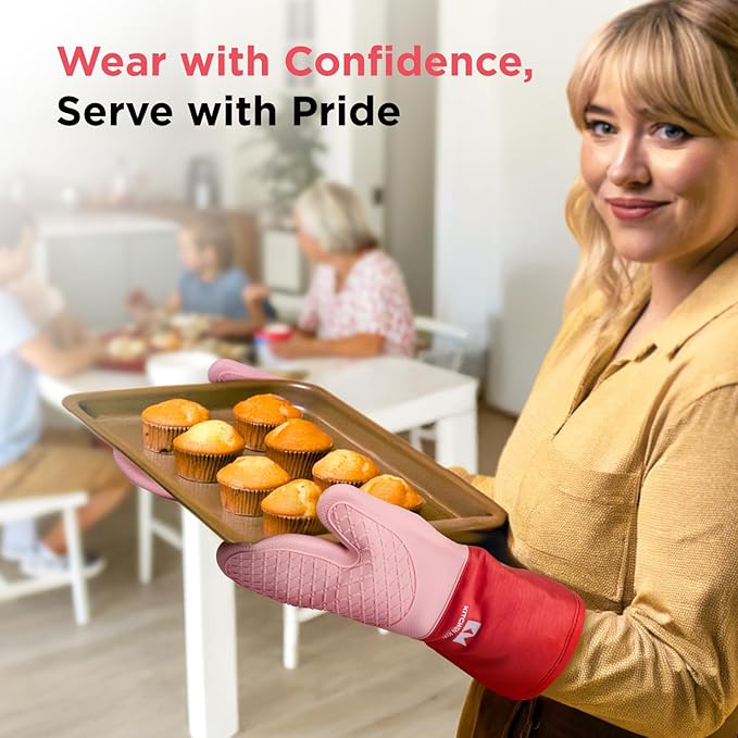 Kitchen Mama UltraShield Silicone Oven Mitts – Heat Resistant, Non-Slip Surface, Durable, Safe, Pot Holders, Flexible Waterproof Glove Set, Perfect for Cooking, Baking, Grilling, BBQ (Red)