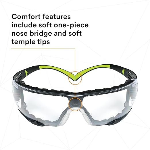 3M Safety Glasses for Men and Women, SecureFit 400, 1 Pair, Z87, Anti-Fog Anti-Scratch Clear Lens, Green/Black Frame, Polycarbonate, UV Protection, Flexible Temples, Removable Foam Gasket