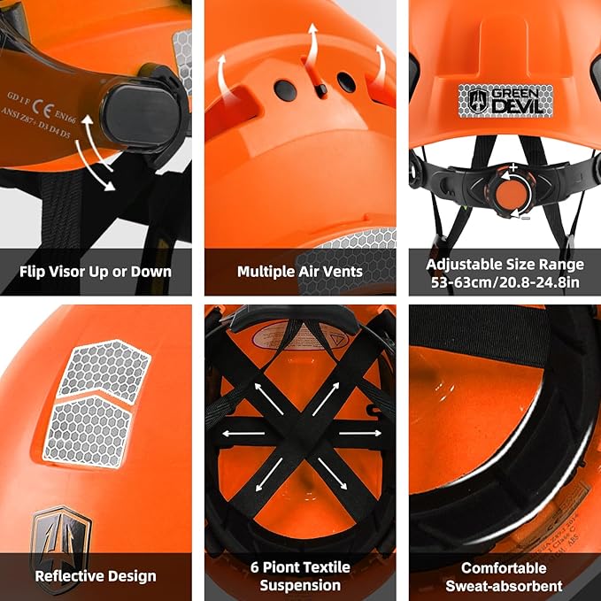 GREEN DEVIL Hard Hat Safety Helmet with Visor Bluetooth Ear Muffs and Headlamp 5 in 1 Full Protection Vented Work Hardhat ANSI Z89.1 Cascos De Construccion for Industrial Construction Forestry