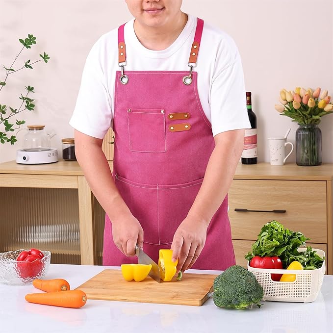 Chef Apron Medium-Thick Cotton Canvas,Cross Back with Multiple Pockets Adjustable Work Apron for Men and Women (Pink)