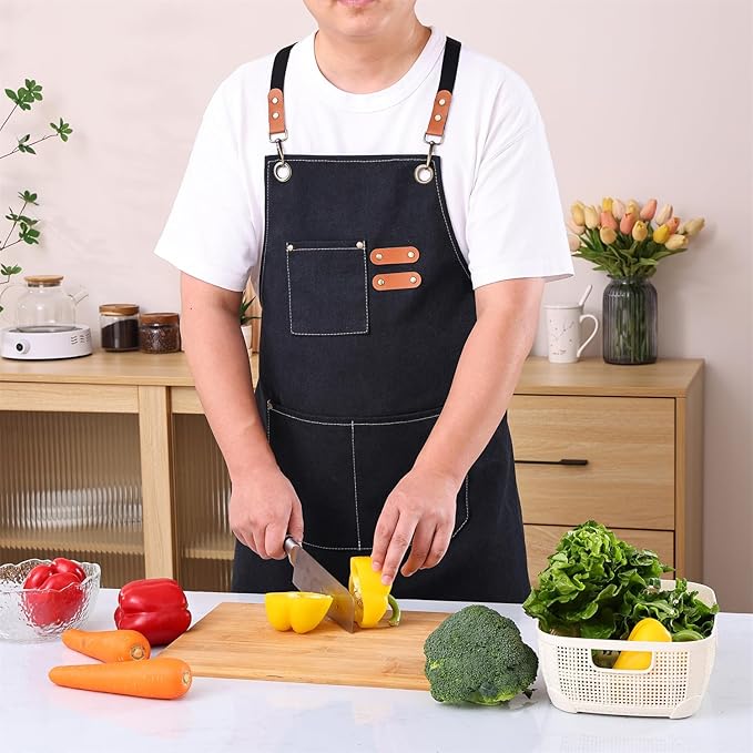 Chef Apron Medium-Thick Cotton Canvas,Cross Back with Multiple Pockets Adjustable Work Apron for Men and Women (Black)