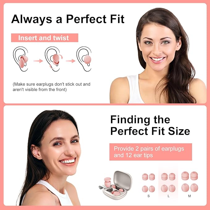 2 Noise Cancelling Ear Plugs, Beinkap Sleeping Earplugs with 12 Silicone Soft Reusable Ear Tips for Social Gatherings, Work, Sleeping, Concerts, Parenting, Conversation, 28 dB Noise Reduction