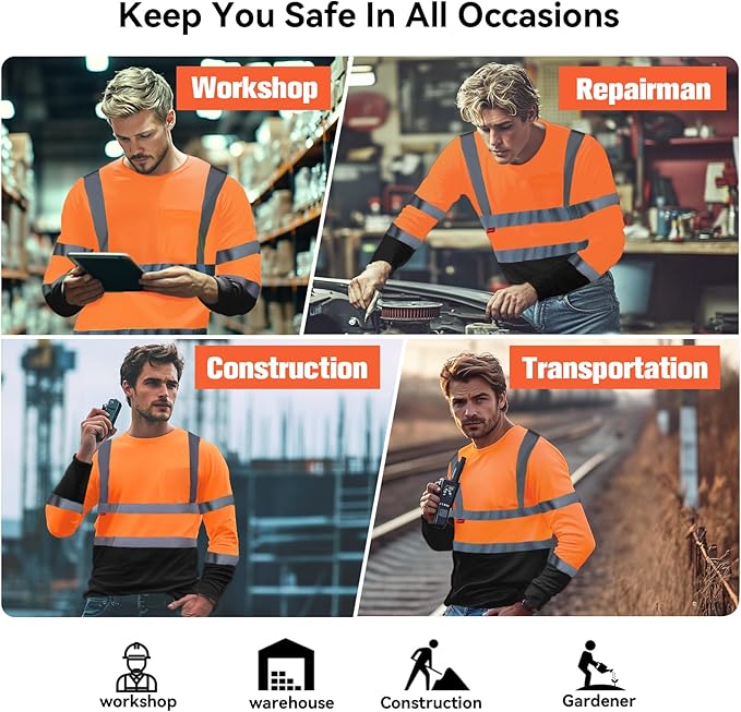 ProtectX Men's High Visibility Heavy Duty Long Sleeve Reflective Safety T-Shirts for Construction, Class 2-3 Type R