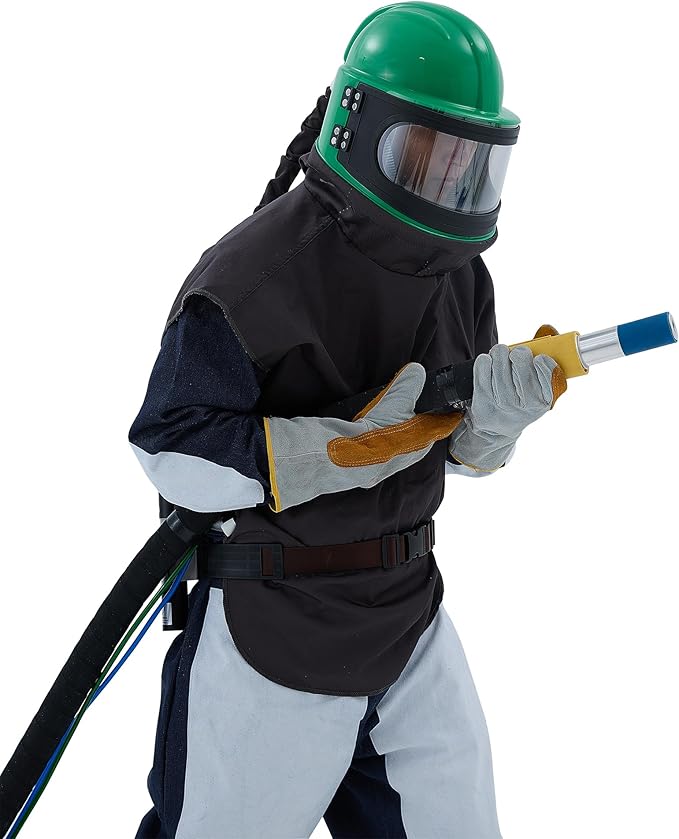 Professional Green Sandblasting Hood with 3 Replaceable Outer Lenses Dust Helmet for Sandblaster & Dustless Blasting Airflow Face Shield Compatible with Hazmat Suit