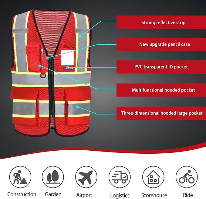 AYKRM 11 color High Vis Reflective Safety Vest for Women Men Security Pocket Zipper
