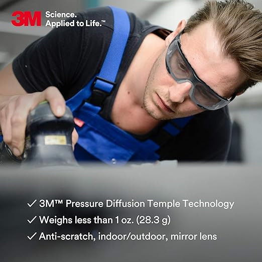 3M Safety Glasses for Men and Women, SecureFit 400, ANSI Z87 Eye Protection, Indoor/Outdoor Anti-Scratch Mirror Lens, Green/Black Frame, Removable Foam Gasket, Flexible Temples, UV Protection