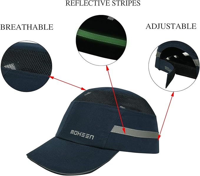 Lightweight Safety Bump Cap - Breathable Baseball Style Protective Hat with Reflective Stripes