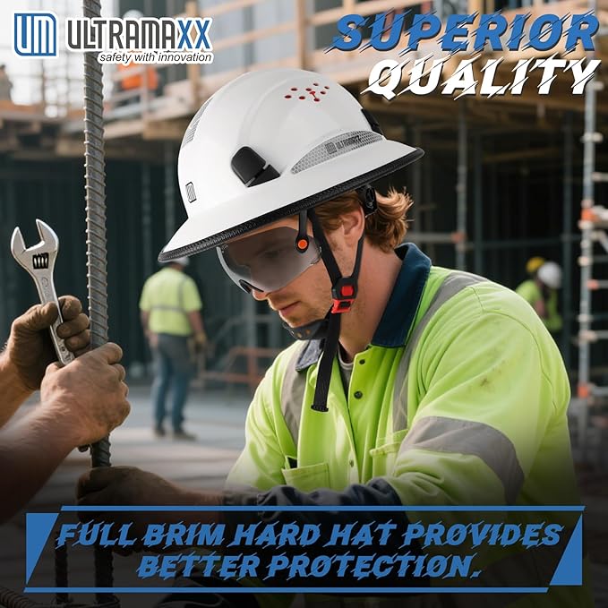 Full Brim Hard Hat with Built-in Visor, ANSI Z89.1 OSHA Approved Construction Safety Helmet with Chin Strap for Men Women