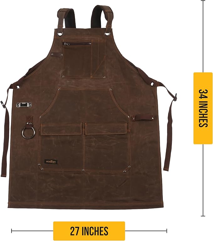ecoZen 16oz Waxed Canvas Work Apron with Tape Holder - 27 x 34 inches Shop Apron with Elastic Back Strap and Front Pockets, Fully Adjustable, Tough Protection for Men - Brown