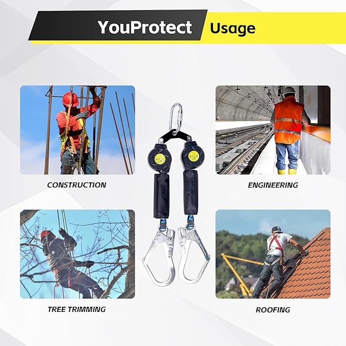 6 FT Dual Leg Self-Retracting Lifeline Web Lanyard Retractable, 2.36 inch Gate Opening Twin Steel Locking Hooks, Double Yoyo, Shock Absorber | Fall Protection OSHA & ANSI Compliant SRL