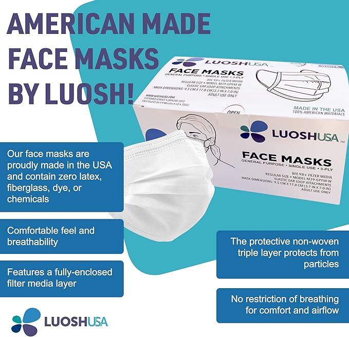 Face Masks Disposable Made in USA, 3 Ply Disposable Masks 50pcs,Adult Mask, Kids Mask, Black Masks, White Masks