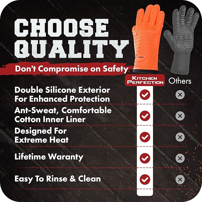 KITCHEN PERFECTION S Silicone Smoker Oven Gloves -Extreme Heat Resistant BBQ Gloves -Handle Hot Food Right on Your Grill Fryer Pit|Waterproof Oven Mitts |Superior Value Set+3 Bonuses