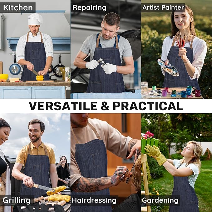 Cotton Denim Apron for Men Women, Professional Chef Apron with Large Pockets for Kitchen Cooking Gardening BBQ Hair Stylist Barista Restaurant, Heavy Duty Jean Work Apron Adjustable Size