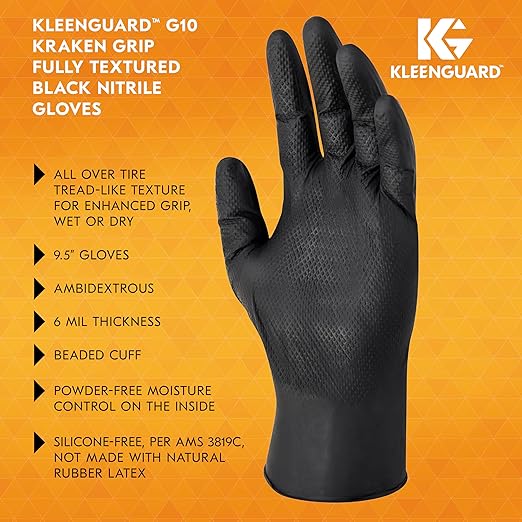Kleenguard™ Kraken Grip Fully Textured Black Nitrile Gloves (49277), Large (L), Powder-Free, 6 Mil, Ambidextrous, Thin Mil, 100 Gloves/Box, 10 Boxes/Case